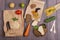 Eco bags with products rich of complex carbohedrates: cereals, bread, pasta and vegetables