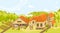 Eco buildings agriculture farming rural landscape vector illustration with farm, cows barn, garden, beds of organic