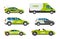 Eco cars. Alternative power energy electrical vehicles with charge battery vector eco transport cartoon