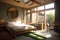 eco-chic hotel room with recycled materials, natural lighting, and fresh air