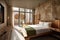 eco-chic hotel room with recycled materials, natural lighting, and fresh air