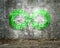 ECO, circular economy, fluorescent green infinity arrow symbol, bricks wall