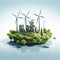 Eco city concept with wind turbines and buildings on a blue background Ai generative