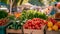 eco-conscious background featuring a bustling farmers' market with fresh produce, local goods, and reusable