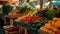 eco-conscious background featuring a bustling farmers' market with fresh produce, local goods, and reusable