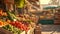 eco-conscious background featuring a bustling farmers' market with fresh produce, local goods, and reusable