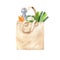 Eco cotton bag with vegetables, glass bottle