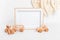 Eco fiendly child wooden toys and mockup frame in baby room interior