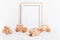 Eco fiendly child wooden toys and mockup frame in baby room interior