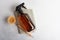 Eco-friendly amber soap bottle and wooden dish brushes