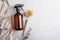 Eco-friendly amber soap bottle and wooden dish brushes