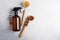 Eco-friendly amber soap bottle and wooden dish brushes