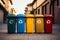 Eco friendly array Colorful recycling bins neatly lined up on a wall