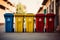 Eco friendly array Colorful recycling bins neatly lined up on a wall