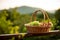 Eco-friendly basket with grapes and hat made of eco-material, against the background of mountains and autumn nature
