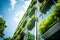 Eco-friendly building in the modern city. Sustainable glass office building with tree for reducing carbon dioxide. Office building