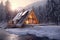 eco-friendly cabin with solar panels in snowy landscape