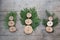 Eco Friendly Christmas decoration flat lay. Three handmade wooden toys snowman with different conifer branches on rustic wooden