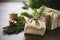 Eco-Friendly Christmas Gifts: Stylish Wrapping and Reusable Bags on Rustic Wood Background. Sustainable Zero Waste Holidays.