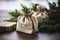 Eco-Friendly Christmas Gifts: Stylish Wrapping and Reusable Bags on Rustic Wood Background. Sustainable Zero Waste Holidays.