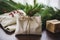 Eco-Friendly Christmas Gifts: Stylish Wrapping and Reusable Bags on Rustic Wood Background. Sustainable Zero Waste Holidays.