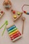 Eco-friendly colored wooden educational toys according to the Montessori method for preschool children. Children's