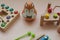 Eco-friendly colored wooden educational toys according to the Montessori method for preschool children. Children's