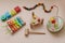 Eco-friendly colored wooden educational toys according to the Montessori method for preschool children. Children's