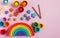 Eco-friendly colored wooden educational toys based on the Montessori method. Wooden rainbow, sorted by color. Copy space