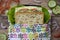 Eco-friendly durable reusable sandwich bag with healthy vegetables on a wooden cutting board