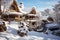 Eco-friendly ecolodge or eco-lodge winter hotel composed of small wooden houses style nestled in the snowy mountains