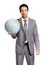 Eco-friendly executive. A handsome young executive holding a globe while isolated on a white background.