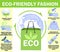 Eco-friendly fashion infographics. Eco illustration. People use ecological clothes. Organic cotton, natural dyes and