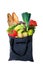 Eco-friendly gray reusable shopping bag filled with different fruits, vegetables and bread