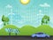 Eco Friendly Green City Background With Solar Panel, Vehicle Road And Sunshine