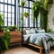 An eco-friendly greenhouse bedroom with hanging plants, reclaimed wood furniture, and natural light1