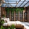 An eco-friendly greenhouse bedroom with hanging plants, reclaimed wood furniture, and natural light2