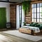 An eco-friendly greenhouse bedroom with hanging plants, reclaimed wood furniture, and natural light3