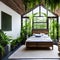 An eco-friendly greenhouse bedroom with hanging plants, reclaimed wood furniture, and natural light4