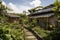 eco-friendly hotel, with solar panels on the roof and composting bins in the garden