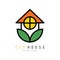 Eco friendly house logo with green leaves. Safe environmental home. Original linear emblem. Vector for business company