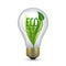 Eco friendly light bulb. Glass bulb with green leaf inside. Vector lamp isolated on white background, energy saving