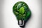 Eco friendly lightbulb from fresh leaves top view. Energy saving, ecology and environment sustainable resources conservation. Gree