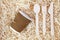 Eco-friendly materials. Wooden, disposable tableware and a paper cup lie on wooden shavings. Close-up