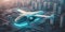 Eco friendly modern and futuristic air taxi in modern city. Generative AI.