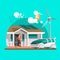 Eco friendly modern house. Green architecture. Solar panel, wind turbine, green roof. Vector illustration, info graphic.