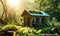 Eco-Friendly Tiny House Surrounded by Lush Greenery Symbolizing Sustainable Living and Environmental Conservation with Sun Flare