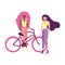 Eco friendly transport, young women with bicycle cartoon