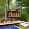 An eco-friendly treehouse with solar panels, rainwater collection system, and natural materials1, Generative AI