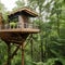 Eco-Friendly Treehouse: A sustainable treehouse surrounded by lush greenery, using natural materials like reclaimed wood and sol